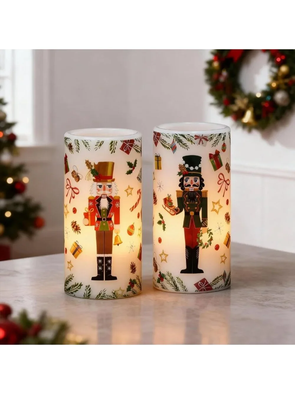 Flameless Nutcracker Pillar Candles with Remote Timer | 2 Pack, Battery Operated